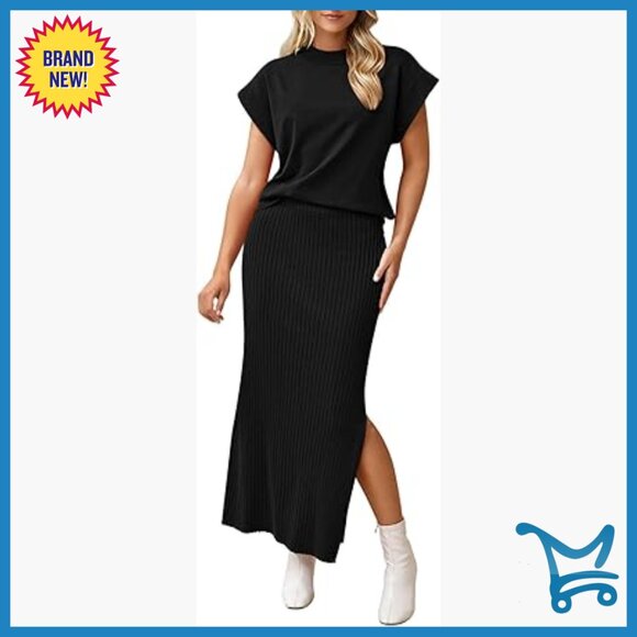 Large Ribbed Knit 2-Piece Set Maxi Skirt Cap Sleeve Top Bodycon Fit